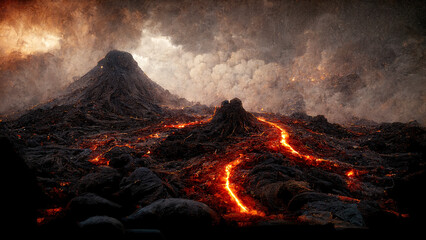 Erupting volcano with hot lava as natural disaster illustration - obrazy, fototapety, plakaty