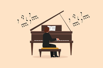 Business design drawing woman plays piano. Female performer sits at musical instrument and plays jazz or blues. Professional musician. Person performs on stage. Flat cartoon style vector illustration
