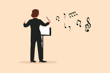 Business flat drawing back view woman conductor performing on stage, female musician in tuxedo directing classic instrumental symphony orchestra. Cartoon character graphic design vector illustration