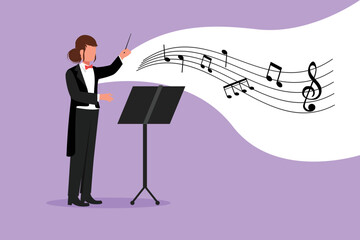 Business flat cartoon style draw woman conductor. Female musician perform on stage directing symphony orchestra. Classical music performance, instrumental ensemble. Graphic design vector illustration © onetime