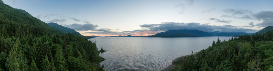 Aerial Panoramic View of Kennedy Lake. Near Ucluelet and Tofino, Vancouver Island, BC, Canada. Nature Background.