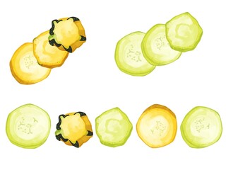 手描き水彩のズッキーニイラストワンポイントラインセット