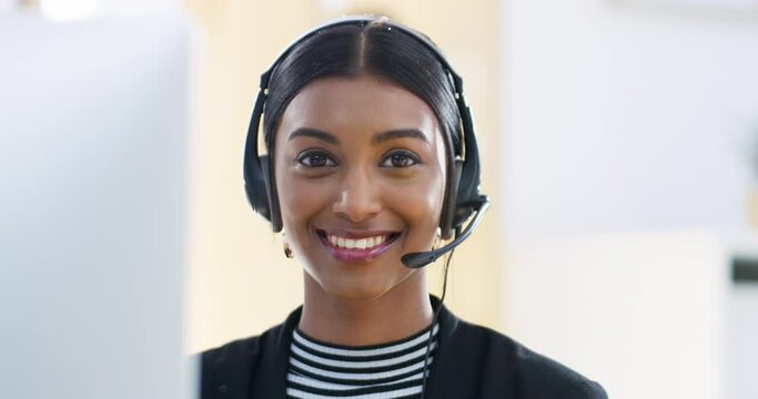 Customer service, crm consulting and web help worker on an online video call internet consultation. Portrait of a happy call center support consultant face with headset working on tech telemarketing