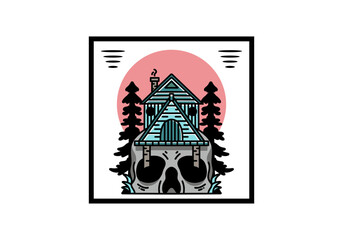 Wooden house with skull foundation illustration
