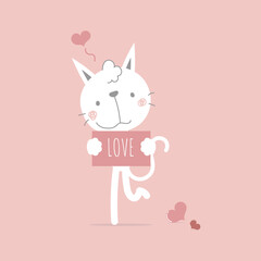 cute and lovely hand drawn cat holding paper, happy valentine's day, birthday, love concept, flat vector illustration cartoon character design isolated