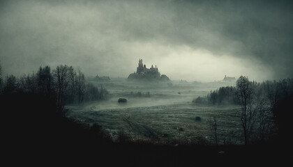 Gloomy atmospheric dark realistic landscape. Mystic, horror, spooky, dramatic scene. 3D illustration.