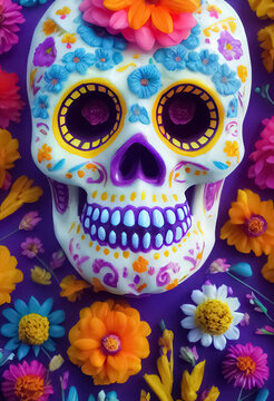 Traditional Calavera, Sugar Skull decorated with flowers. The day of the dead. 3D illustration.