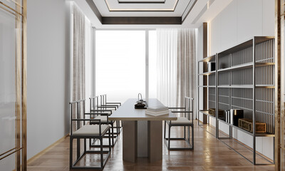 Modern Chinese style meeting room interiors,bookshelves on the side.3D illustration