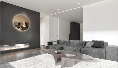 Interior living room white and gray color with sofa. 3D illustration