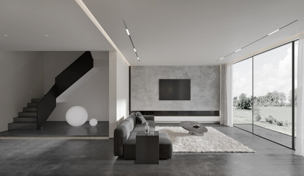 Interior living room white and gray color with sofa. 3D illustration