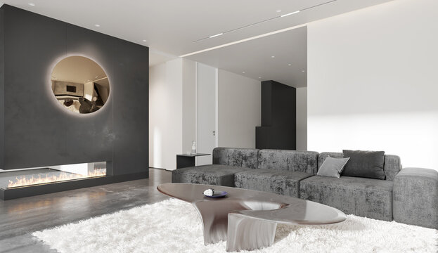 Interior living room white and gray color with sofa. 3D illustration