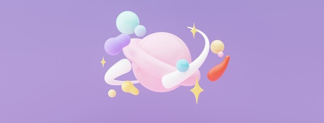 3d render of planet star and moon  that floating on the air at night with purple lilac background. Abstract scene of pastel ball, bubble soaps , or blobs in pastel colors. Magic scene.
