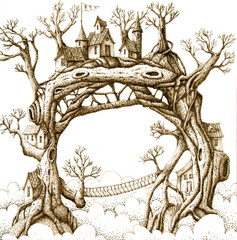Hand drawn coloring page. Village on the tree with houses, branches, grass.