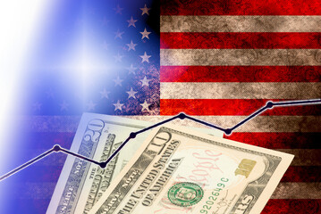 Flagge von USA, Dollar Geldscheine und eine Kurve