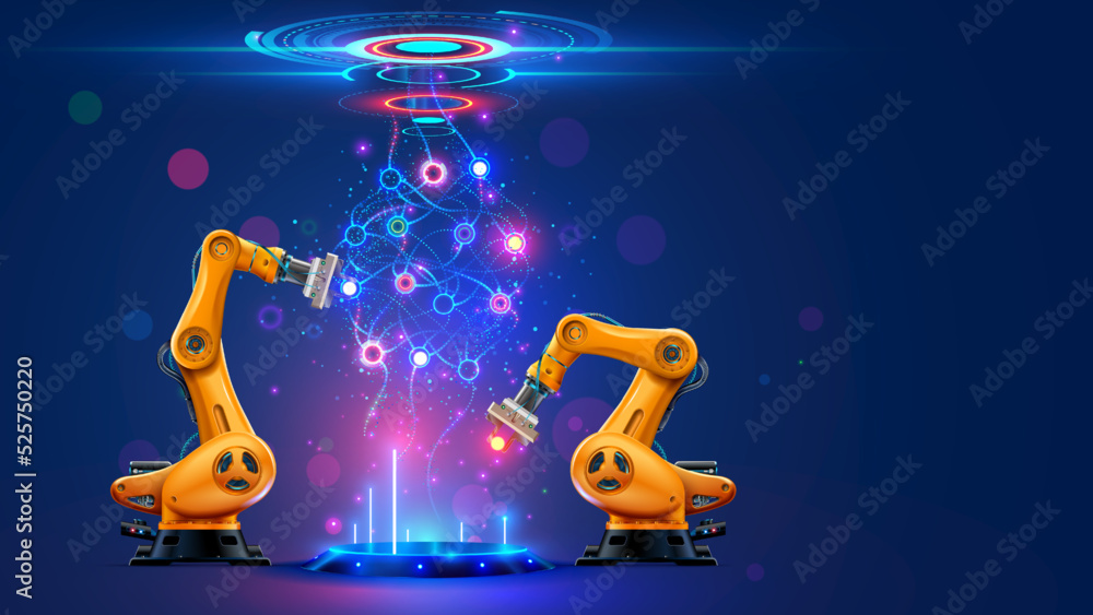 Fototapete Neural network or artificial intelligence in industry 4.0. Robotic arms creates neural network on podium in virtual reality. Industrial revolution. Concept of futuristic industry technology.