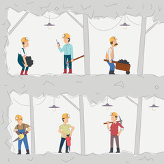 Coal mine industry, people working in underground caverns, vector illustration.