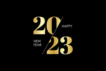 Happy new 2023 year! Elegant gold text typography. Vector illustration