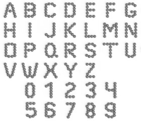 Alphabet from iron bolts and nuts. Industrial or engineering font or symbol. 3d illustration. White background. Lettering design element. Initial cap