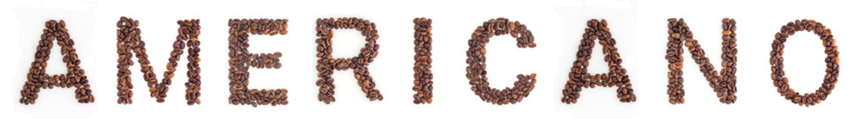 AMERICANO text from roasted coffee beans on white background