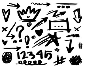 Doodle elements for concept design on set. isolated on white background. Infographic elements. Emphasis, curly swishes, swirl, arrow, heart, crown, star. vector illustration.