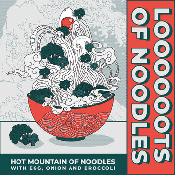 hot mountain of noodles with egg, onion and broccoli