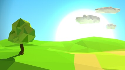 3D Illustration, Low poly tree on the green hill and some clouds with sun behind.