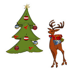 Isolated illustration of deer with gifts and Christmas tree. New Year's set for designer blank, logo, icon, poster