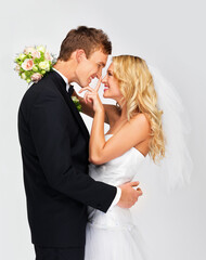 Happy couple in celebration at their wedding day, love in marriage and happiness of young man and...