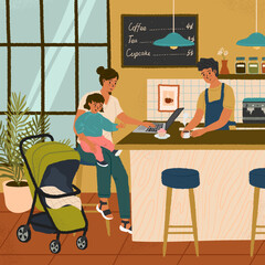 Busy mother with child works in cafe. Woman holding her baby and working on computer. Working mom concept vector poster. Maternity and career