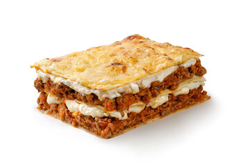 Homemade Italian lasagna. Delicious Lasagne with bolognese meat sauce isolated on white background. Hot Tasty Lasagna with Cheese for Menu, recipe.