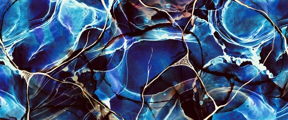 Naklejka premium abstract fluid art painting with alcohol ink, bright and deep blue color mix, liquid design illustration with golden veins, wallpaper background, wall art decoration, book cover graphic 