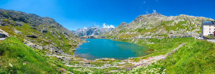 Amazing landscapes at the Great Saint Bernard pass, borders of Italy, France, Switzerland.