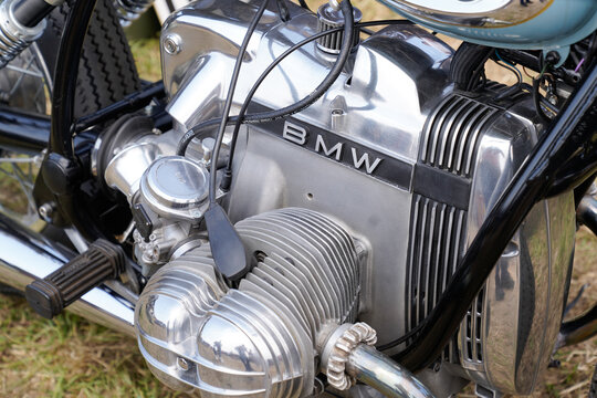 BMW logo brand and text sign motorcycle detail engine of ancient custom motor vintage motorbike