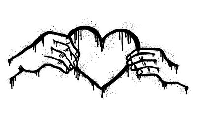 Spray painted graffiti Hands holding a heart in black over white.Give and share your love to people. heart drip symbol. isolated on white background. vector illustration © Receh Lancar Jaya