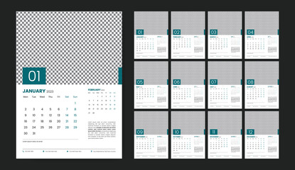 Wall Calendar Template Design for 2023 year, Monthly Creative Calendar Layout Vector illustration, Week starts Monday, Template for Annual Calendar 2023 with Graphic Element