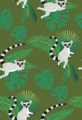 Obraz premium Lemur and tropic leaves pattern