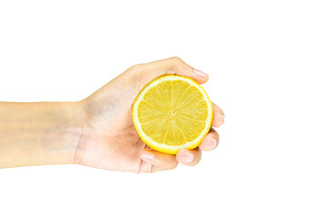 woman holding half of lemon isolated on white background in the studio
