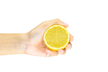 woman holding half of lemon isolated on white background in the studio