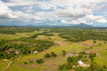 Fototapeta na wymiar Aerial view of rice fields and agricultural land in the countryside. Sri Lanka.