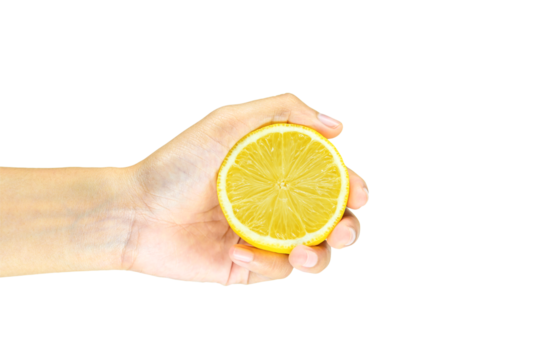 woman holding half of lemon isolated on white background in the studio