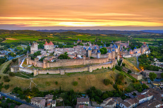 Medieval castle town of Carcassone at sunset, France