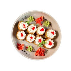 sushi art on a beige plate, sushi on a beige plate, png file of sushi