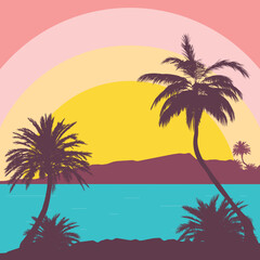 Obraz na płótnie Canvas Palm trees on island retro poster