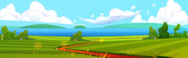 Obraz na płótnie Canvas Summer seaside landscape, cartoon illustration. Vector design of beautiful lake, green field with footpath, blooming bushes and hills on horizon. Birds flying high in blue sky over water surface