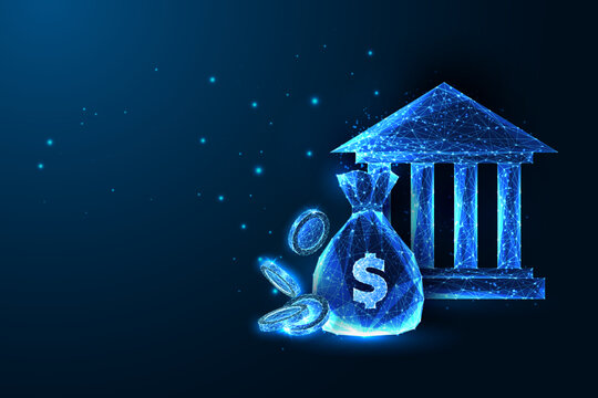 Concept of financial services with money bag, coins and bank building in futuristic style on blue