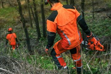 Close up view of an hand holding a chainsaw. Lumberjack at work wears orange personal protective equipment. Gardener working outdoor in the forest. Security, professionalism, occupation worker concept
