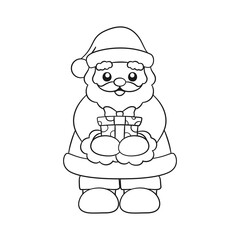 Happy Santa Claus holding out and giving a Christmas present cartoon line art outline illustration. Coloring book page printable activity worksheet for kids.
