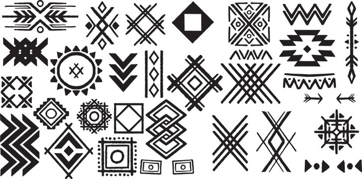 Thirty Hand drawn set of aztec tribal drawing isolated on white background.