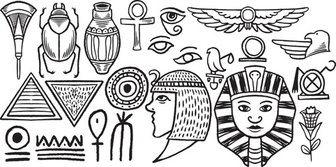 Twenty two hand drawn set of egyptian tribal drawing isolated on white background.