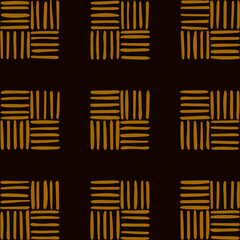 tribal geometric illustration. black repetitive background with brown hand drawn striped squares. vector seamless pattern. fabric swatch. wrapping paper. design template for textile, linen, home decor